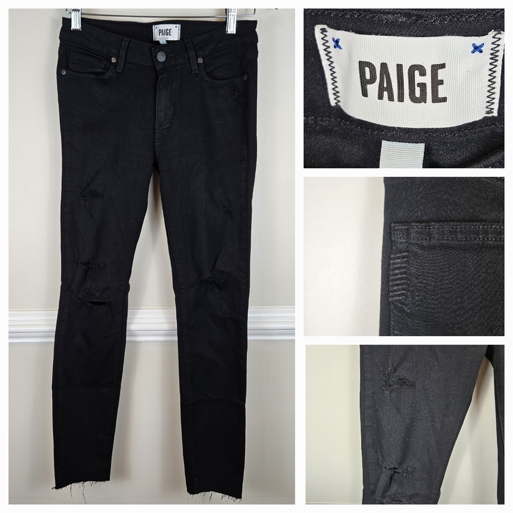 PAIGE Verdugo Ultra Skinny Black Destructed Distressed Size 28 Raw Hem A0713